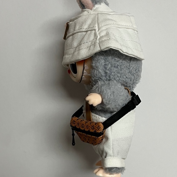 Designer Overalls Bucket Hat Bag 3 Piece Outfit For Labubu White - Picture 3 of 13